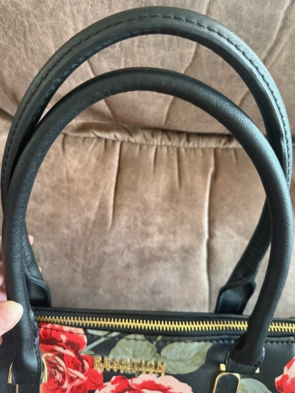 Kenneth Cole Reaction Black Satchel with Red Floral Print and Gold Hardware